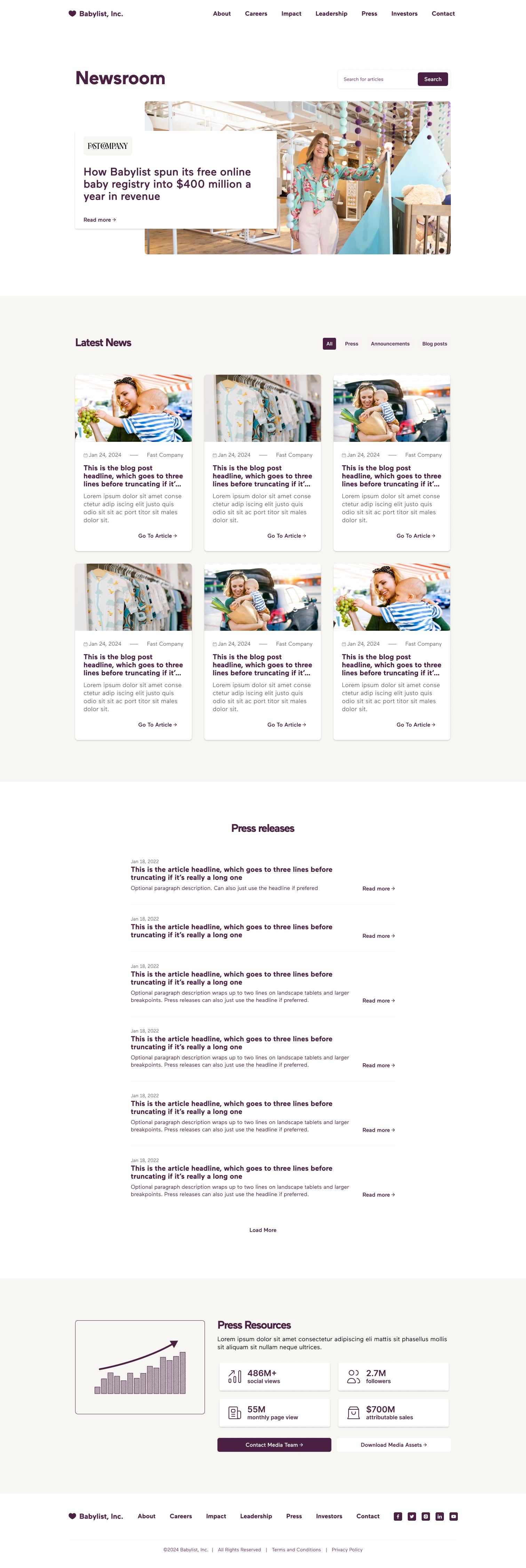 Babylist newsroom page with press coverage and blog posts