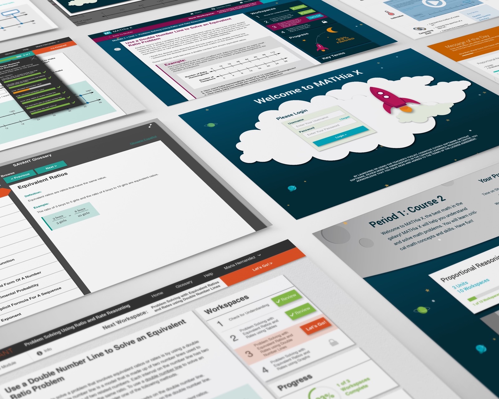 Carnegie Learning product screens across multiple age groups