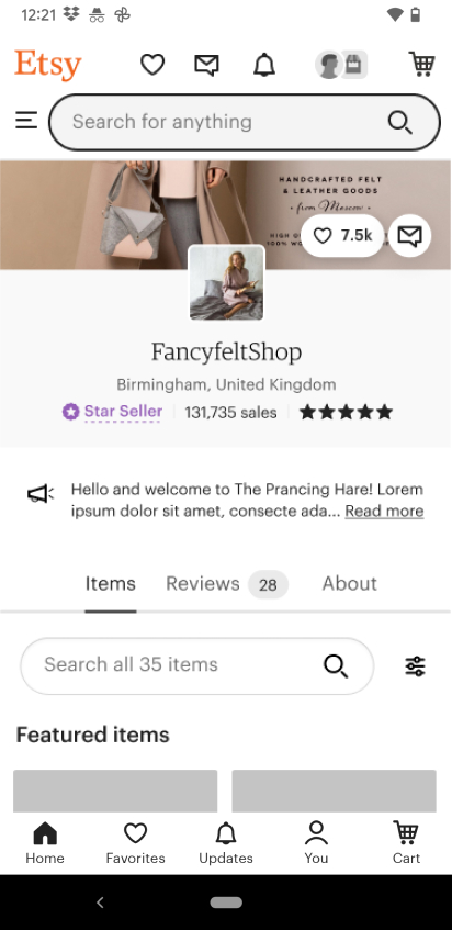 Etsy shop home - Android