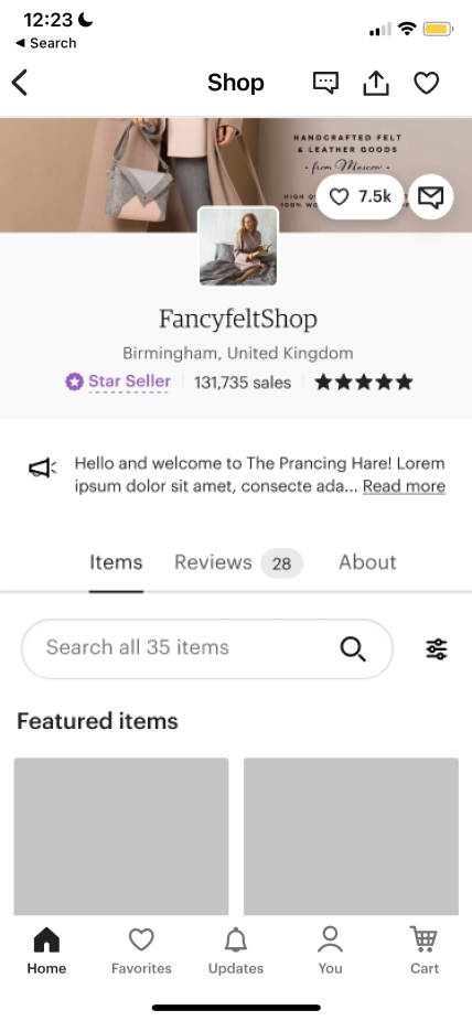 Etsy shop home - iPhone