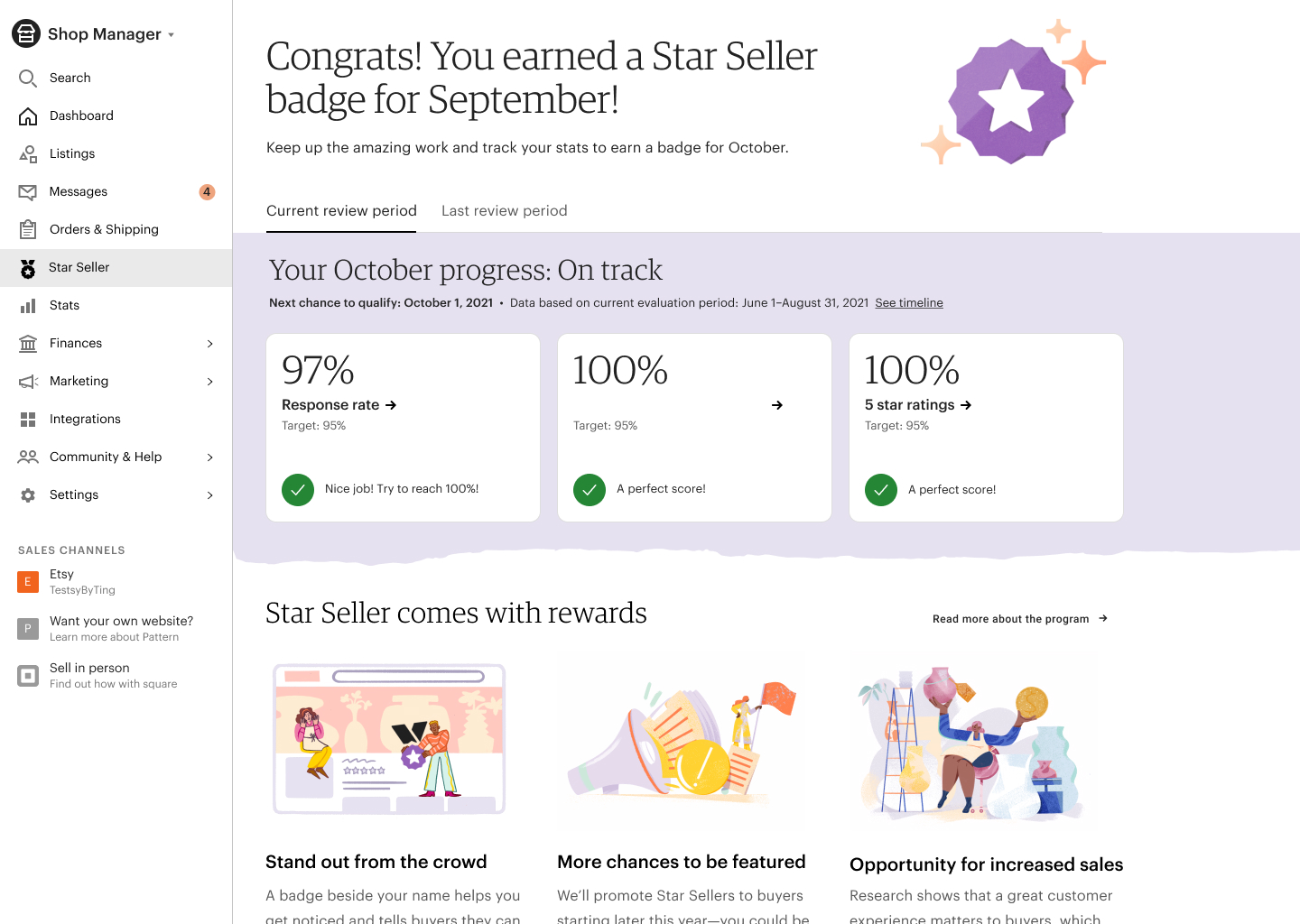 Etsy Star Seller dashboard before redesign