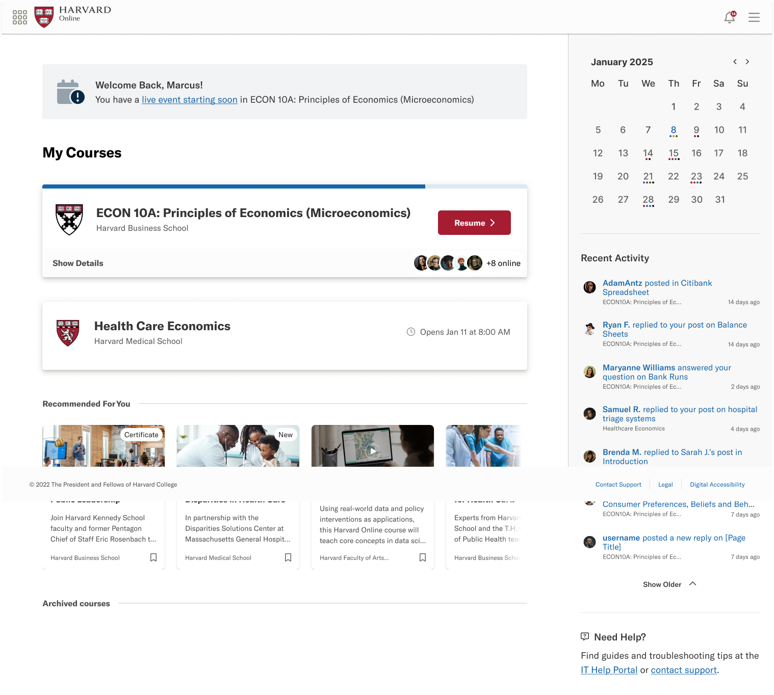 Harvard LXP dashboard with course cards and activity feed