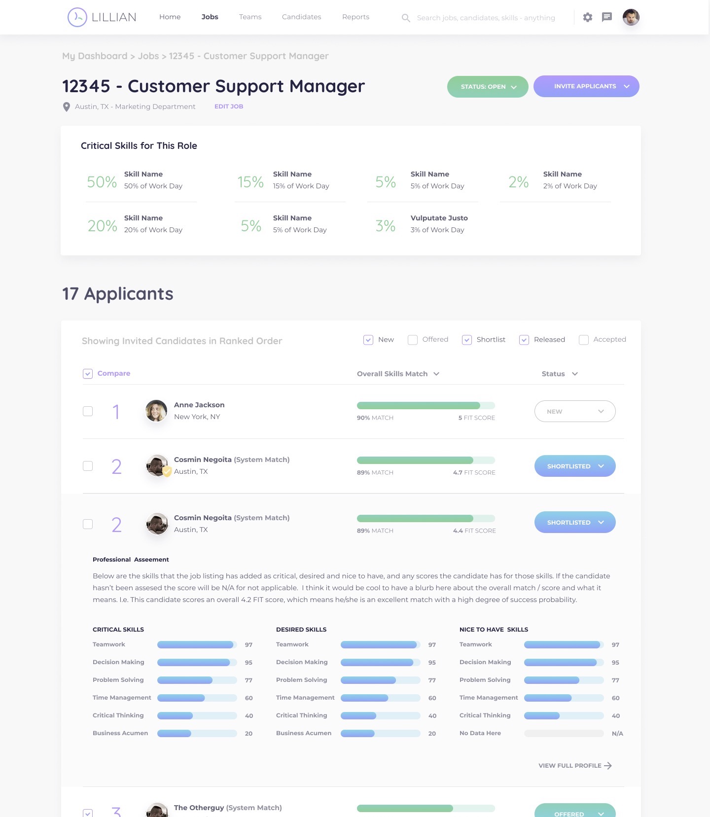 Job posting creation flow with assessment-based matching criteria
