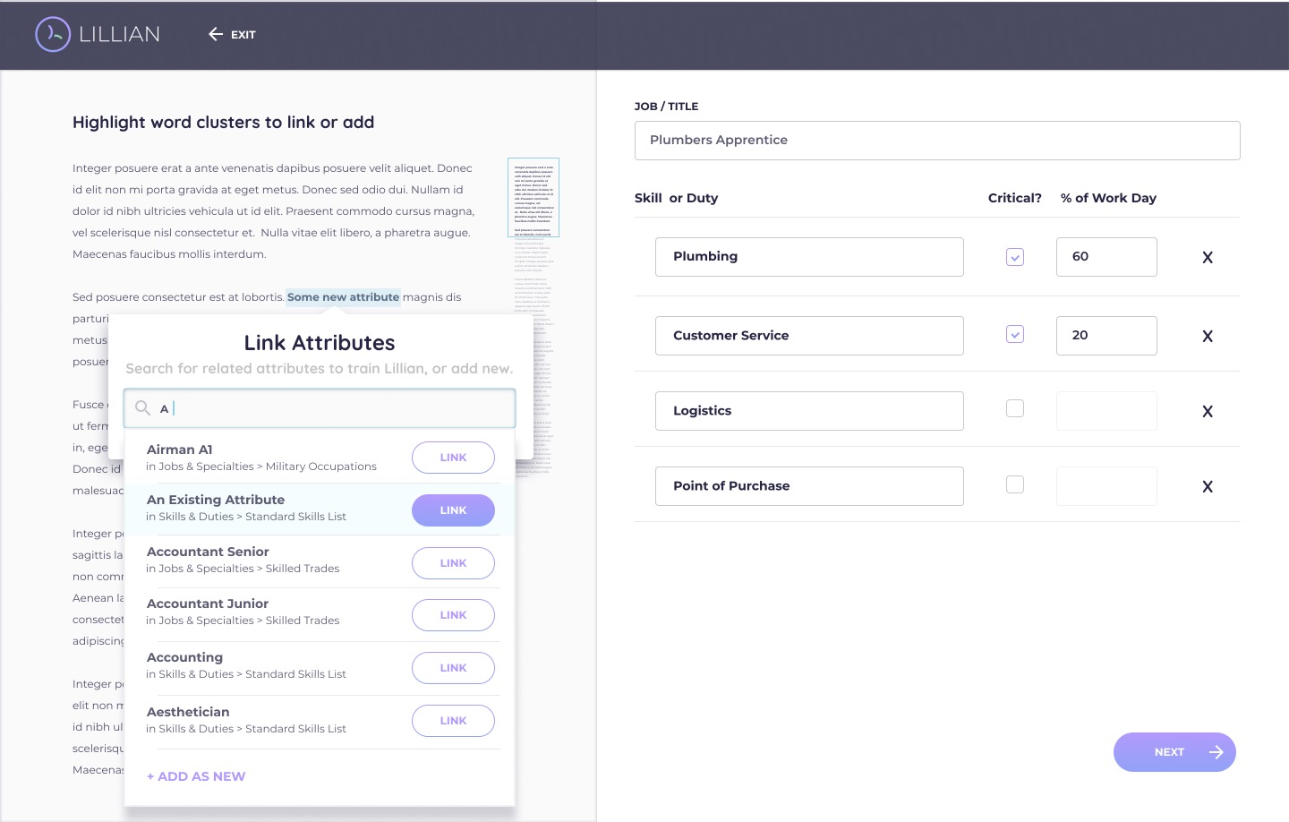 Skills configuration interface