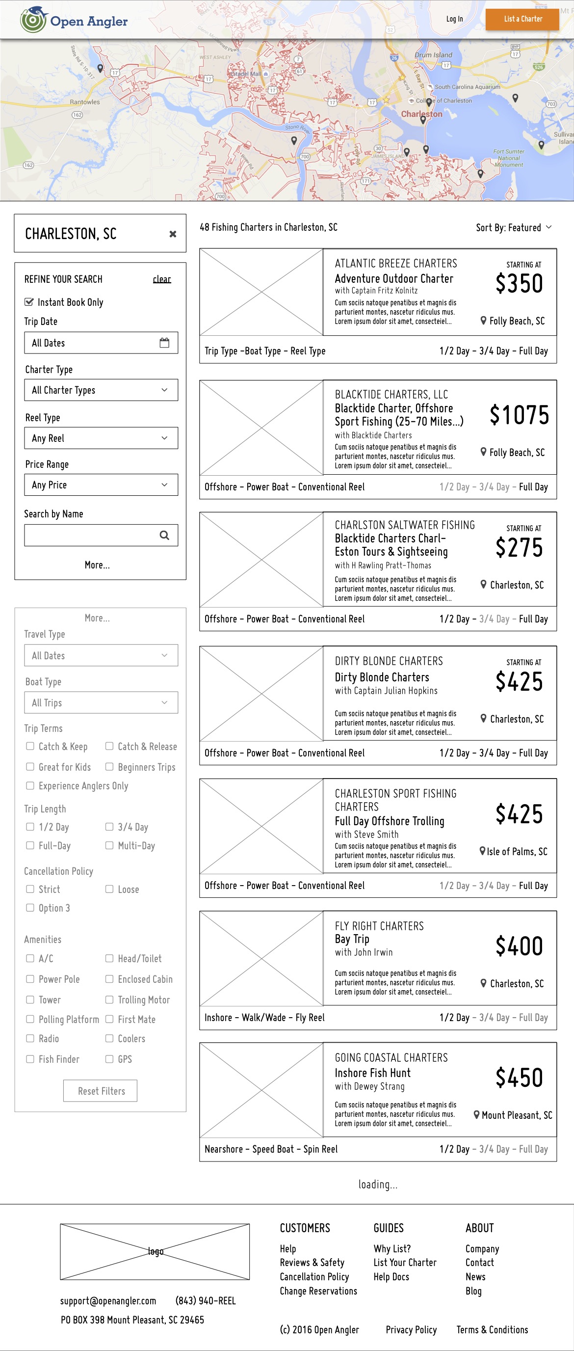 Open Angler wireframe showing search results and filtering