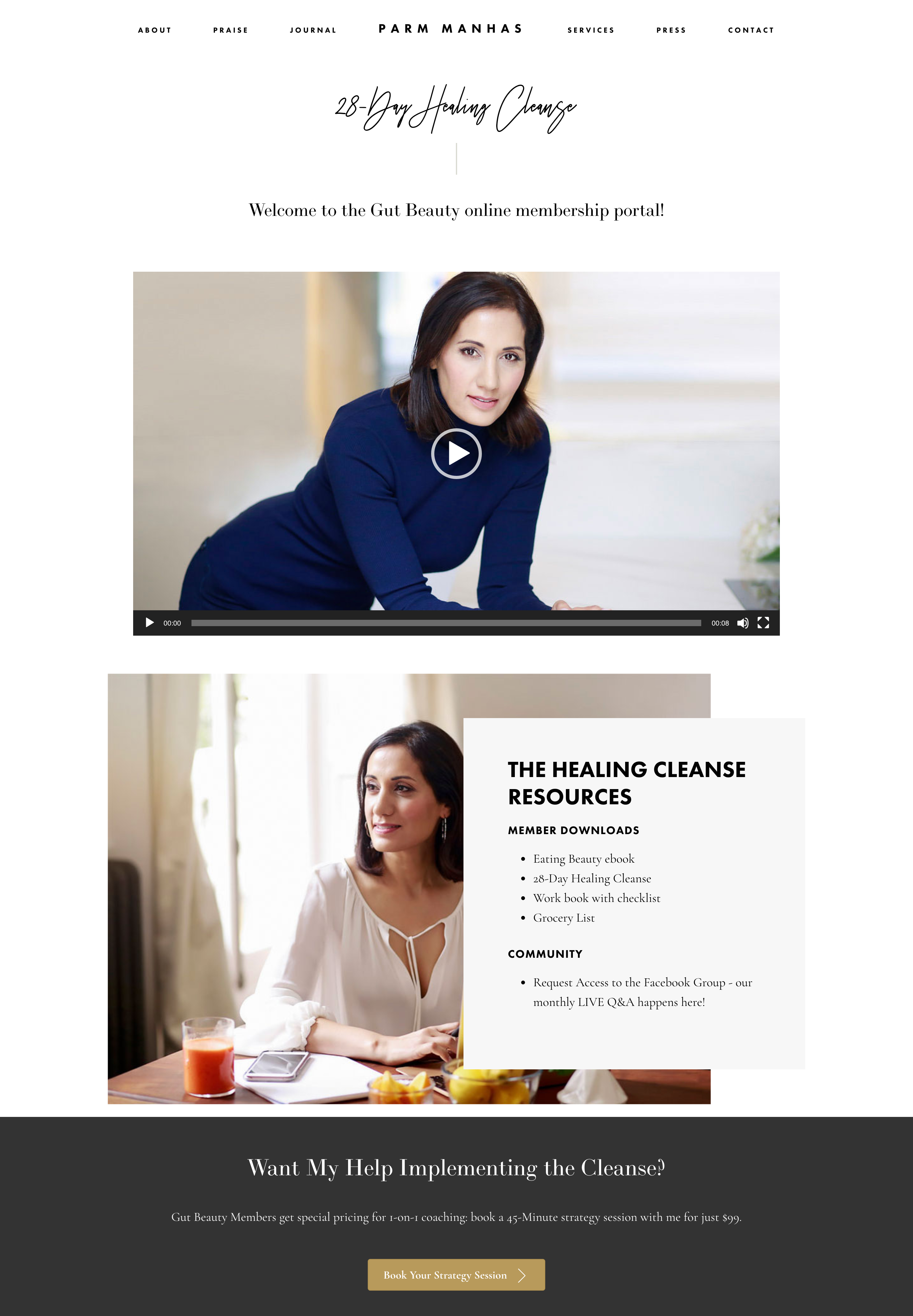 Parm Manhas member portal welcome screen with video and healing cleanse resources