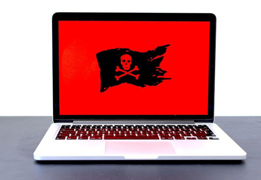 computer showing black and red pirate flag
